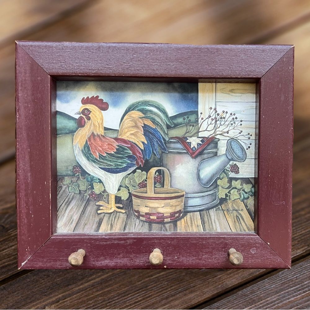 Vintage Rooster Rustic Farmhouse Wooden Hat Hanger Wall Decor Key Holder.
